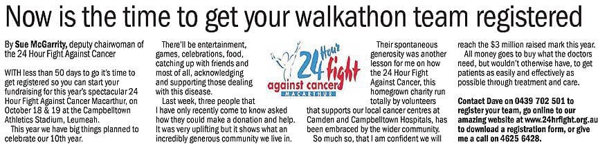 Sue’s Column: Now is the time to get your walkathon team registered